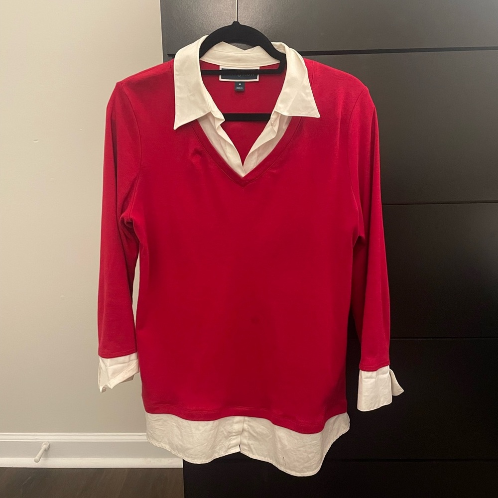 Red v neck sweater with attached white button up
